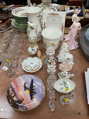 Lot 404 - Group of mixed ceramics to include Aynsley Cottage Garden pattern ceramics, two Coalport figures, other figures, Swarovski animals and collectors plates.