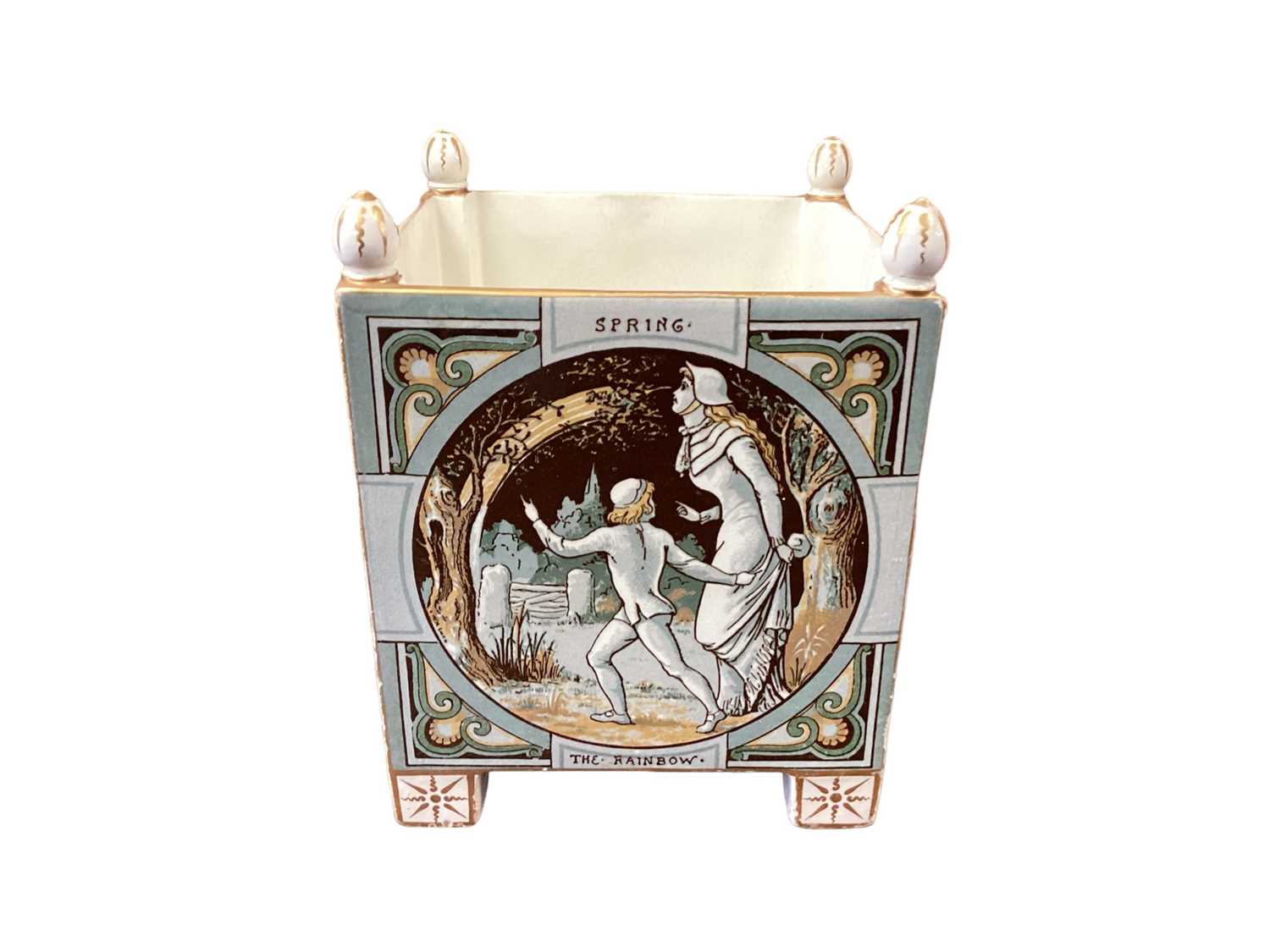 Lot 1167 - Victorian Minton pottery jardinière depicting the four seasons, impressed marks and date code for 1883.