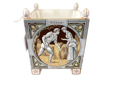 Lot 1167 - Victorian Minton pottery jardinière depicting the four seasons, impressed marks and date code for 1883.