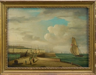 Lot 1046 - Manner of Francis Hustwick (1797-1865) oil on canvas - Harbour View, possibly Dover, 30.5cm x 40.5cm, in gilt frame