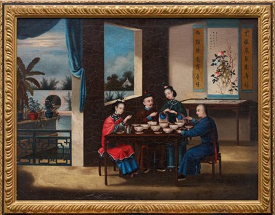 Lot 1048 - Chinese School, 19th century, oil on canvas - A Tea Ceremony, 46cm x 60cm, in gilt and ebonised frame