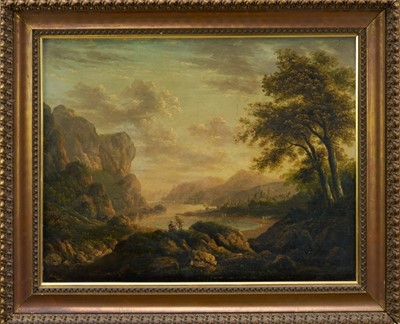 Lot 1045 - Follower of Claude Lorraine, early 19th century, oil on canvas - Extensive Mountainous Landscape, 44cm x 57.5cm, in gilt frame