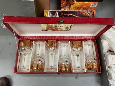 Lot 422 - Cased set of Royal Doulton crystal champagne flutes, six Murano glass wine glasses with gilded decoration and other assorted cased cut glass sets.