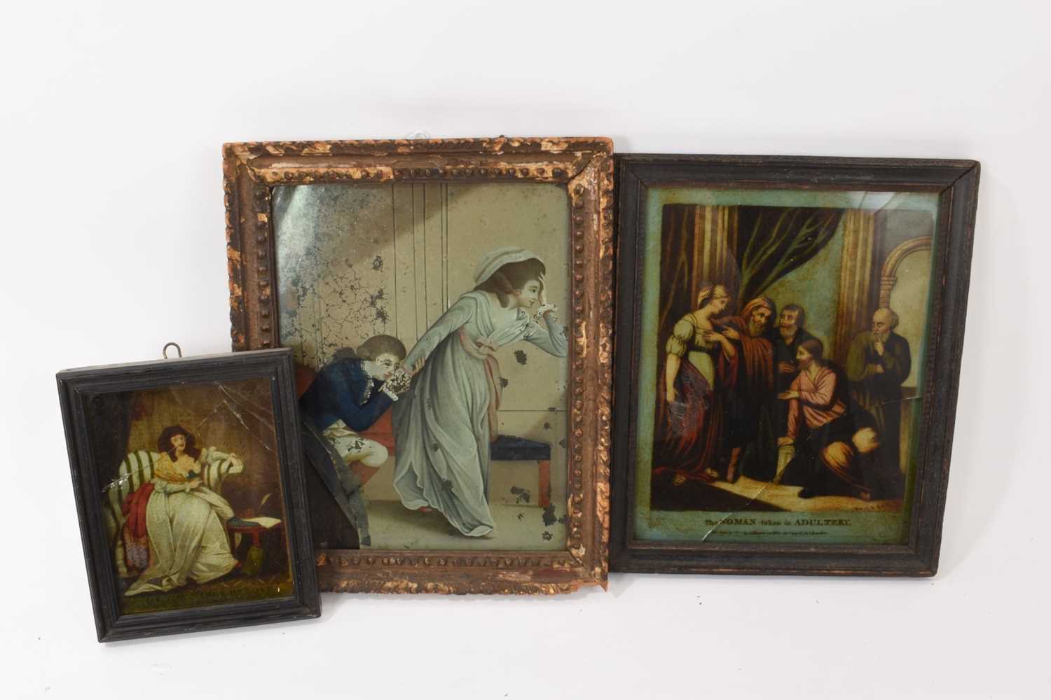 Lot 765 - George III reverse painting on glass (damaged) and two reverse prints on glass