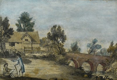 Lot 150 - Manner of Thomas Rowlandson (1756-1827) watercolour- figure sketching in a field beside a bridge, 12cm x 18cm, in glazed gilt frame