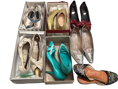 Lot 2075 - Selection of boxed and unboxed (some boxes don't match) vintage shoes including sling backs, stilettos, strapy, rainbow python, silver, gold lurex etc. Makes include Van Dul, Luxax.