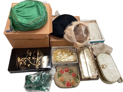 Lot 2076 - Vintage accessories including three hats, Jessie Norton, net with velvet and satin boxs in two hat boxes, gloves Dents, long ruched chiffon,leather etc, scarves silk and interesing designs, Japanes...