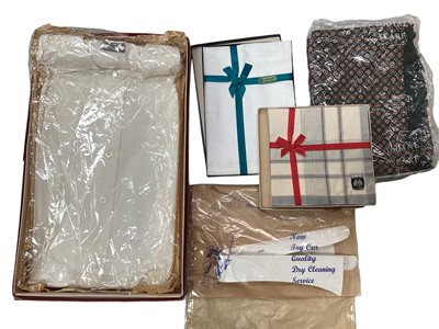 Lot 2077 - Gentlemen’s vintage accessories, Tootal paisley dressing gown size XL, Tootla unworn evening scarf, white collarless shirt by Austin Read, unworn in packaging, white collar, boxed handerchiefs and...