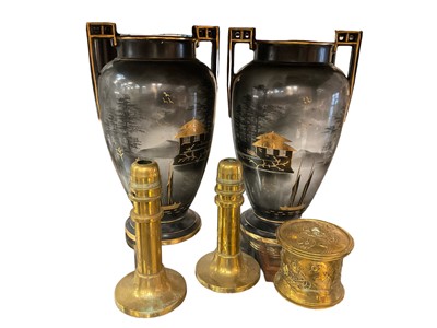 Lot 158 - Pair of Japanese vases, pair of brass lamp bases, brass string box