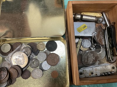 Lot 748 - Small group of coins and pen knives, whistle etc