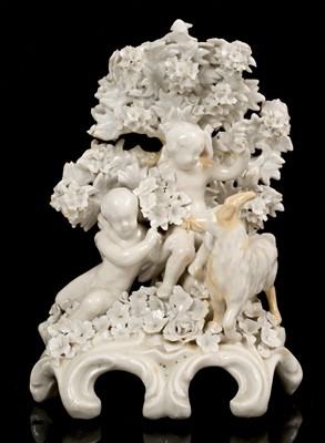 Lot 20 - Large Plymouth white glazed bocage figure group with putti and goat