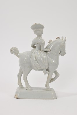 Lot 32 - 18th century Dutch Delft figure of a lady on horseback