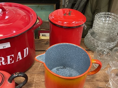 Lot 27 - Group of enamel items including a bread bin, with other kitchenalia