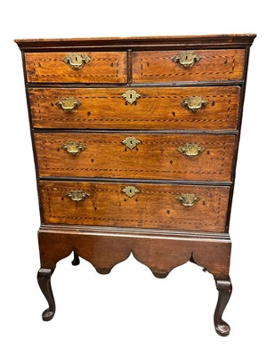 Lot 1360 - Early 18th century oak and barber pole strung chest on integral stand.