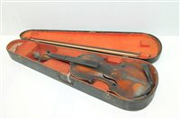 Lot 3686 - Antique violin, together with bow, cased