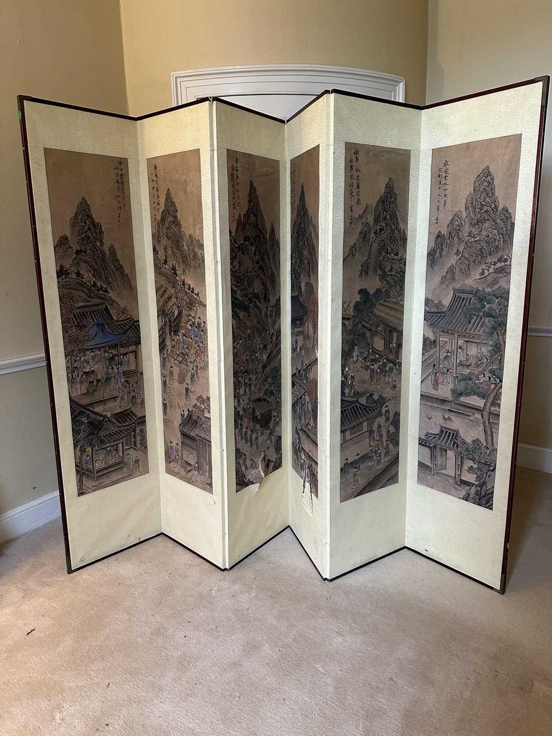 Lot 1408 - Chinese six-fold screen with painted panels
