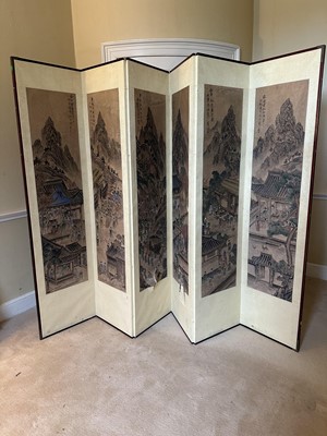 Lot 1408 - Chinese six-fold screen with painted panels