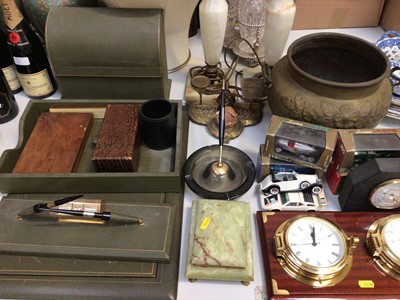 Lot 307 - Group of green leather desk accessories to include a pen holder, blotter, tray, letter holder etc, green onyx box, pair of similar table lamps, brass postal scales, barometers, brass jardiniere and...