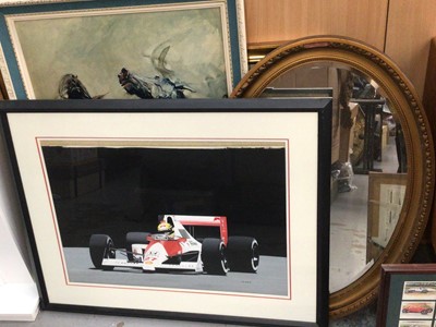 Lot 364 - Gilt framed oval wall mirror and a group of pictures including a Formula 1 print