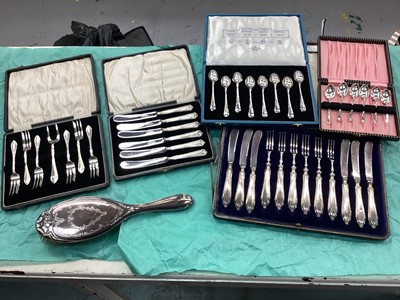 Lot 1094 - Group of silver cased teaspoons, dessert cutlery, etc, and a silver brush