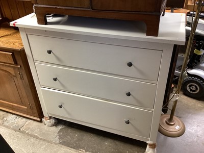 Lot 1276 - Hardwood coffee table with wrought iron brackets and a white chest of drawers