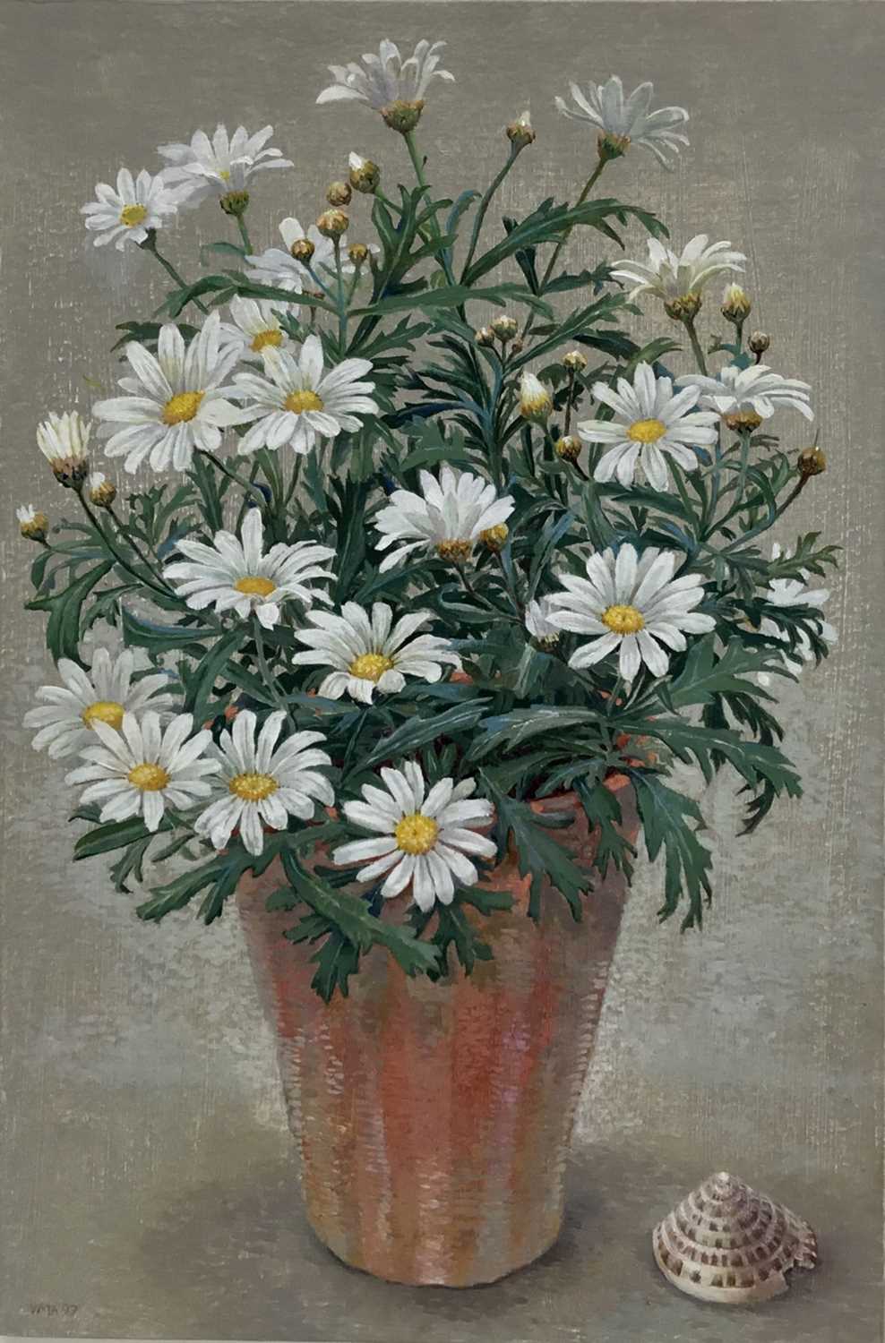 Lot 97 - Val Archer (b.1946) oil on board - Daisies, signed with initials and dated 1997, 30cm x 19.5cm in glazed gilt box frame
