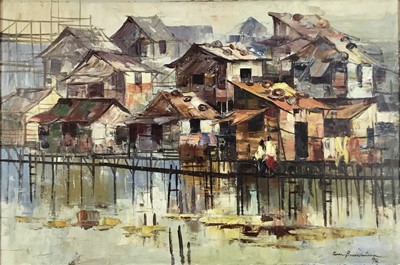 Lot 167 - Cesar Buenaventura (c.1919-1983) oil on canvas - Riverside Houses, signed and dated 1966, 60cm x 90cm, framed