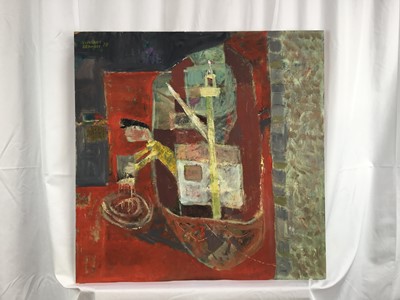 Lot 92 - Vincent Bennett, oil on board - 'Bailing Out', signed and dated ‘78, titled verso, 61cm x 61cm, unframed
