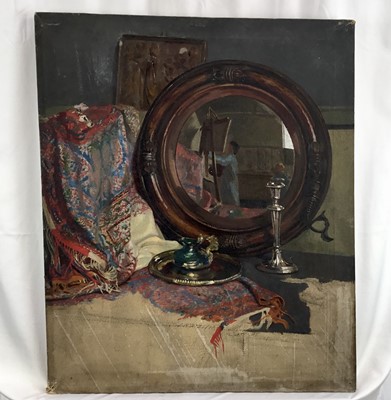 Lot 93 - British school, unsigned oil on canvas, self portrait  in a mirror, 61cm x 51cm, unframed