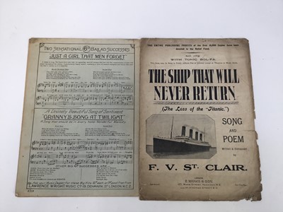 Lot 187 - Wreck of the Titanic, music score by Haydon Augarde, The Lawrence Wright Music Co, 1912, 36cm x 26cm