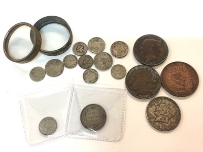 Lot 408 - World - mixed coinage to include Canada Silver 10 Cents 1874H EF, Twenty Five Cents 1870 GVF, 19th century Commonwealth copper Penny tokens x 2 & other issues (16 coins)