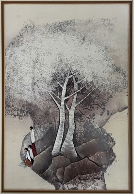 Lot 188 - Tay Bak Koi (Malaysian, 1939-2005) gouache with ink and watercolour - Three figures beside trees, signed, 30.5cm x 15.3cm