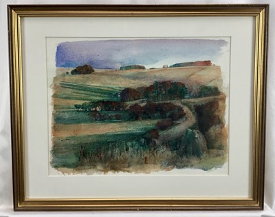 Lot 165 - Anne Arnold (1936-2015) watercolour - On the Downs near Avebury, signed and dated ‘81, 28cm x 36cm, in glazed frame