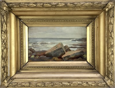 Lot 173 - 19th century school oil on panel - coastal scene, indistinctly signed, dated 1885, 13.5cm x 23cm, in large gilt frame