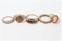 Lot 3265 - Five gold / yellow metal gem set rings