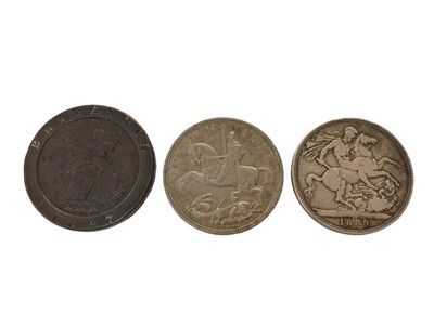 Lot 410 - G.B. - Mixed coins to include George III 'Cartwheel' Two Pence 1797 (N.B. Minor edge bruises) otherwise F, silver Crowns, Victoria JH 1889 VG & George V 1935 EF (3 coins)