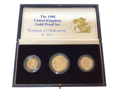 Lot 414 - G.B. - Elizabeth II three coin gold proof set 1988 to include £2,  Sovereign & Half Sovereign (N.B. Cased with Certificate of Authenticity) (1 coin set)