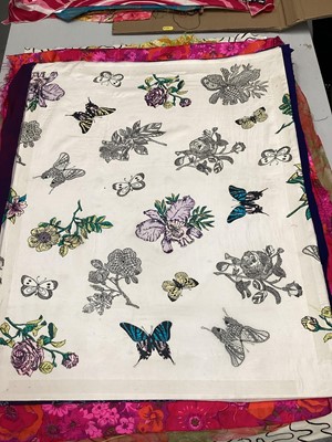 Lot 2109 - Lot of fabric swatches 1950s to 70s period, lightly mounted on card includes silk scarves.