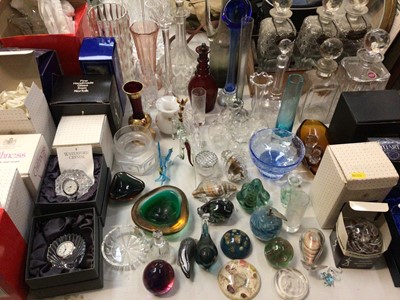 Lot 326 - Group of glassware including two Waterford crystal desk clocks, both boxed, various decanters, paperweights, coloured glass etc