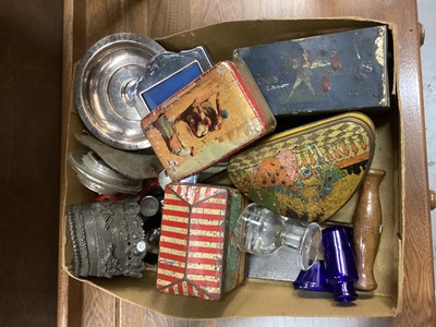 Lot 615 - Tray containing costume jewellery, tins, chess pieces, inscribed bowl, ethnic bangle & sundries