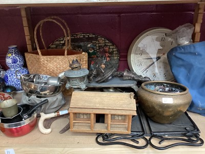 Lot 618 - One shelf containing Old Smiths Sentic wall clock, metalware, walking sticks  & sundries