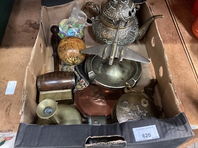 Lot 620 - Interesting collection to include a Tibetan teapot, an Bryant & May areoplane ashtray, snuff box, Masonic gavel, Islamic powder flask, pocket double inkwell & pen brush & sundries