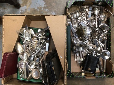 Lot 47 - Two boxes of flatware, silver plate, etc