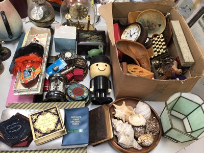 Lot 342 - Treen items, shells, mantle clocks, perpetual desk calendar, vintage fan in case, Victorian photograph album and sundries