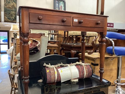 Lot 1244 - Victorian mahogany side table with two drawers on turned legs, 91cm wide, 45cm deep, 73cm high