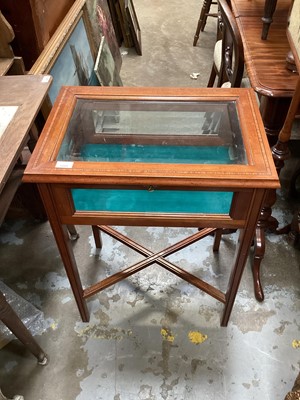 Lot 1253 - Edwardian mahogany bijouterie table with satin wood inlay on square taper legs joined by x frame stretchers, 58.5cm wide, 41.5cm deep, 76cm high