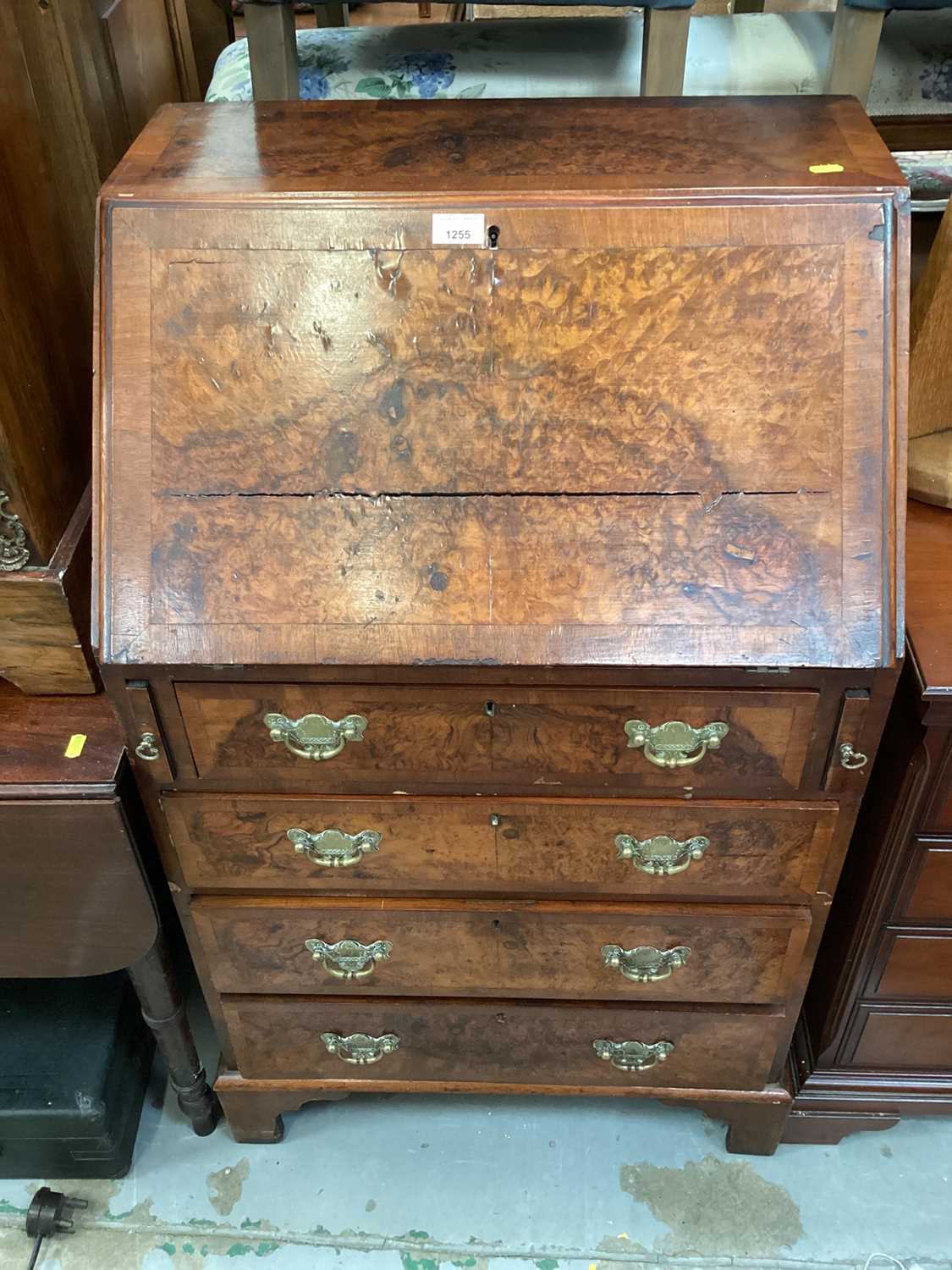 Lot 1255 - Early 20th century Georgian style burr walnut bureau with fitted interior and four drawers below, 61cm wide, 45cm deep, 104cm high