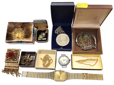 Lot 1056 - Group of costume jewellery including a yellow metal chain, silver and enamel watch, silver mounted commemorative coin pendant on chain etc