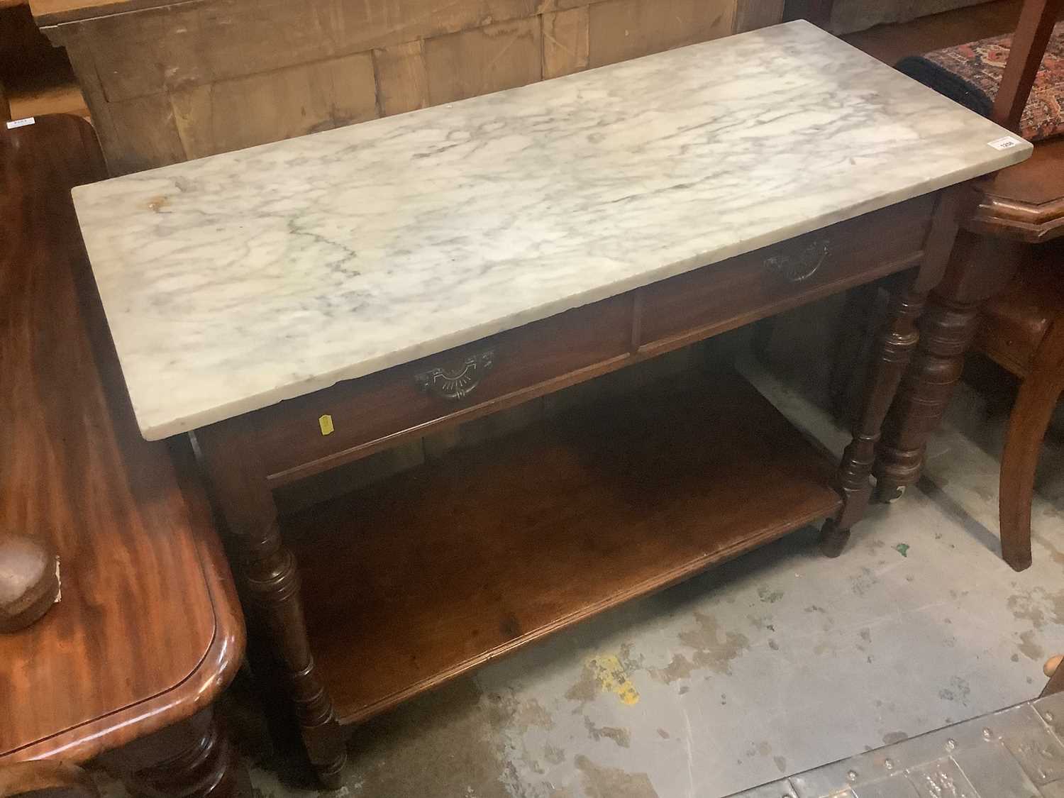 Lot 1258 - Edwardian side table with marble top, two drawers and undertier below with turned supports, 106cm wide, 45cm deep, 82cm high