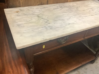 Lot 1258 - Edwardian side table with marble top, two drawers and undertier below with turned supports, 106cm wide, 45cm deep, 82cm high